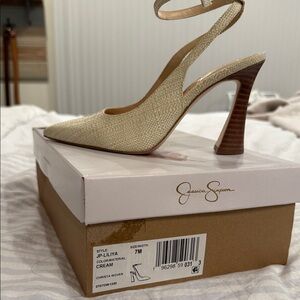 Jessica Simpson Cream Woven Pointed Slingback Heels